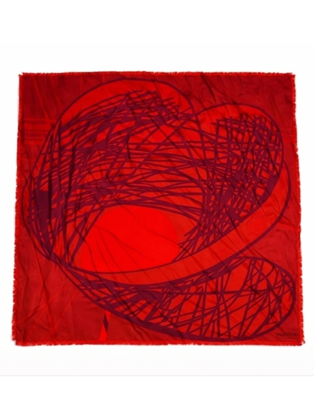 VALENTINO | Red Abstract Print 100% Silk Fringed 34" Square Scarf